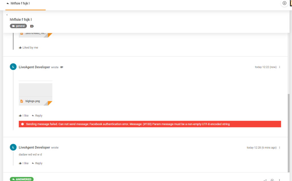 Fehlermeldung, die angezeigt wird, wenn ein Bild über LiveAgent auf Facebook gepostet wird