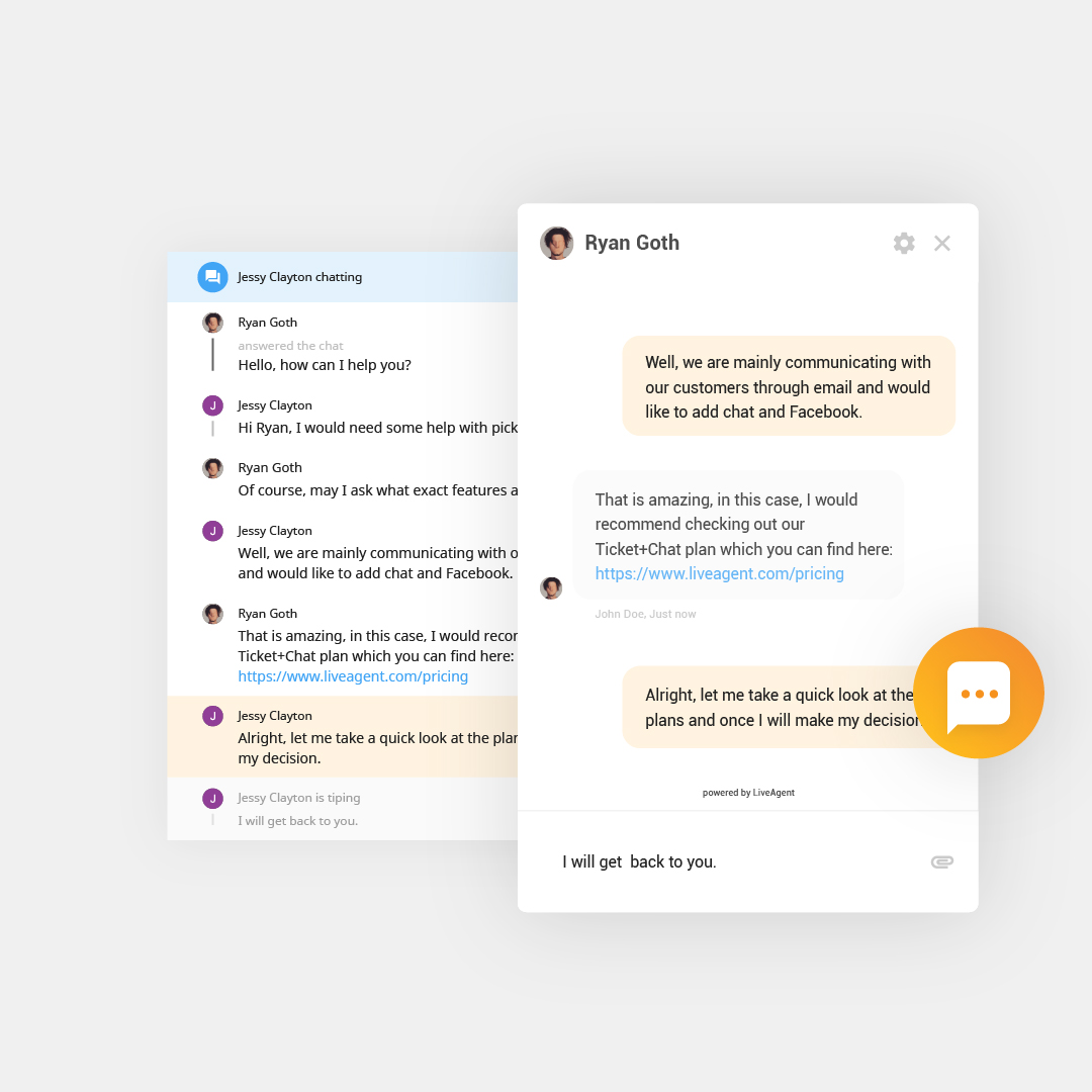 Überblick des durchgehenden Live-Chats auf LiveAgent mit Live-Chat-Schaltfläche, Live-Chat-Widgets und Live-Chat-Fenster