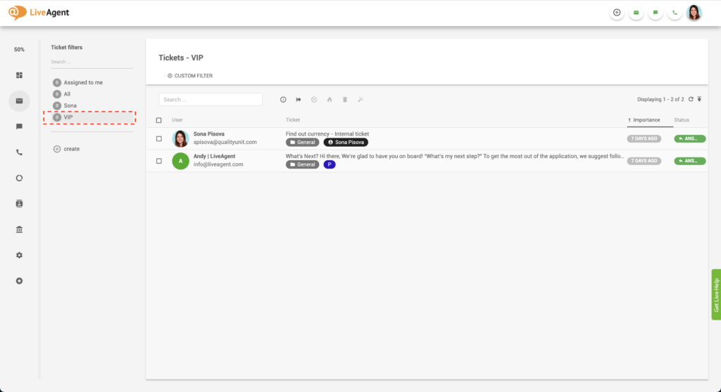 keine-ränder LiveAgent VIP-Ticketfilter
