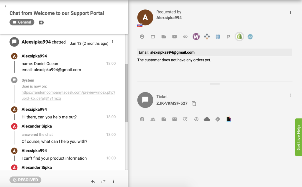Das Shopify-Plugin ist in LiveAgent aktiv und Kundenbestellungen können in der Ticketansicht angezeigt werden