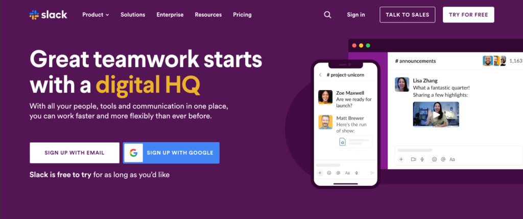 Slack-Startseite