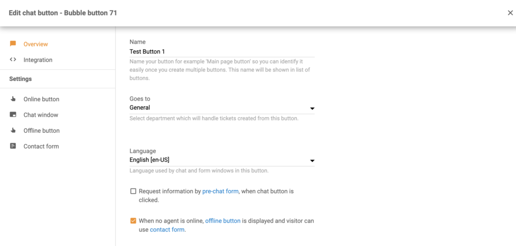 Chat-Button-Konfiguration als Teil der Volusion-Integration