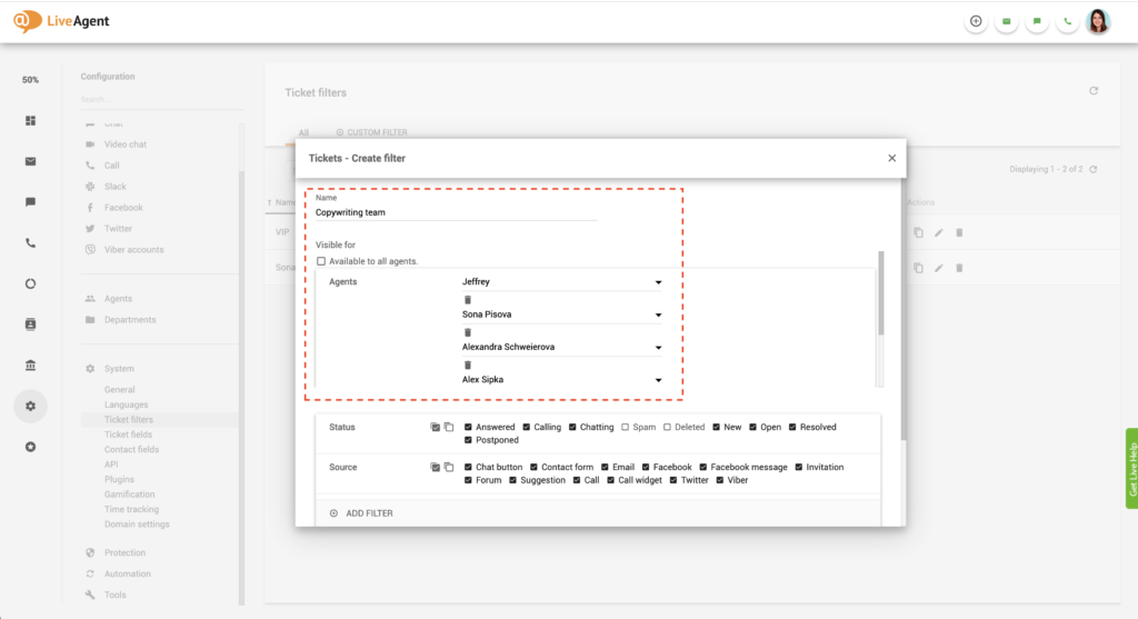 LiveAgent Globaler Filter