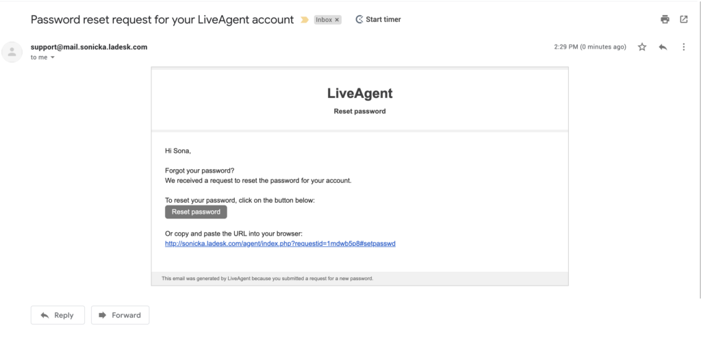 E-Mail zur Kennwortzurücksetzung LiveAgent