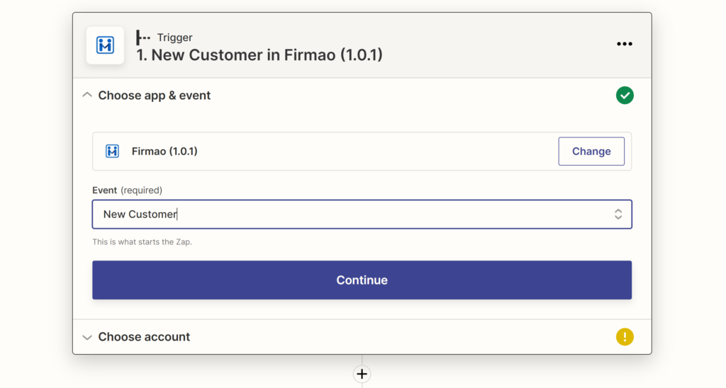 Ein Bild, das die Auswahl eines Firmao-Ereignisses während der Integrationskonfiguration auf Zapier zeigt