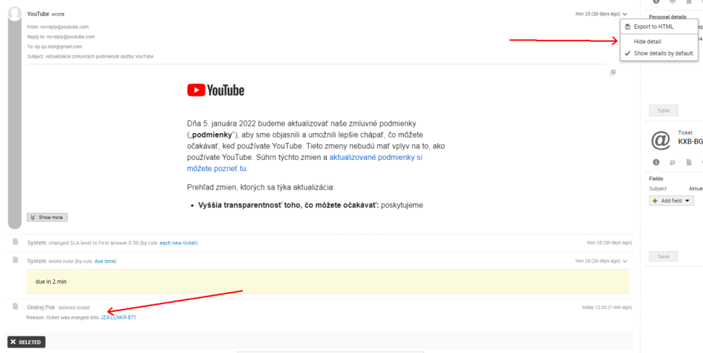 Ein Bild, das einen Fehler in der E-Mail-Quelle anzeigt, nachdem zwei Tickets vereint wurden, ein Problem, das in den vorherigen Versionen von LiveAgent bestand