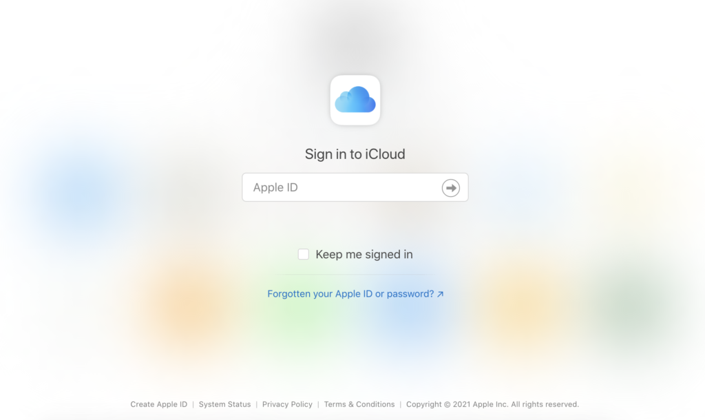 iCloud-Website mit Anmeldeoptionen