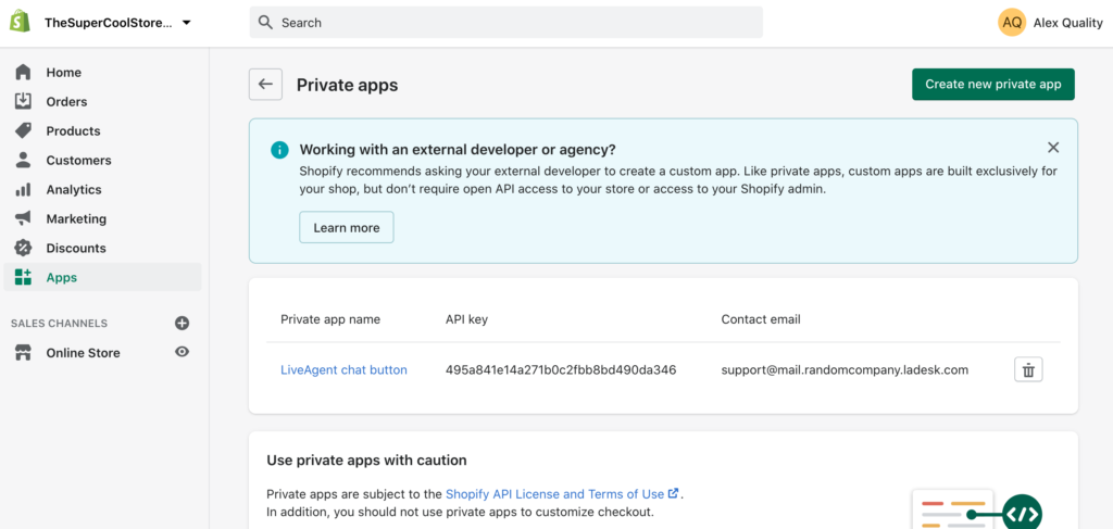 Erstellen Sie eine neue private App in Shopify, um eine Integration mit LiveAgent zu erstellen