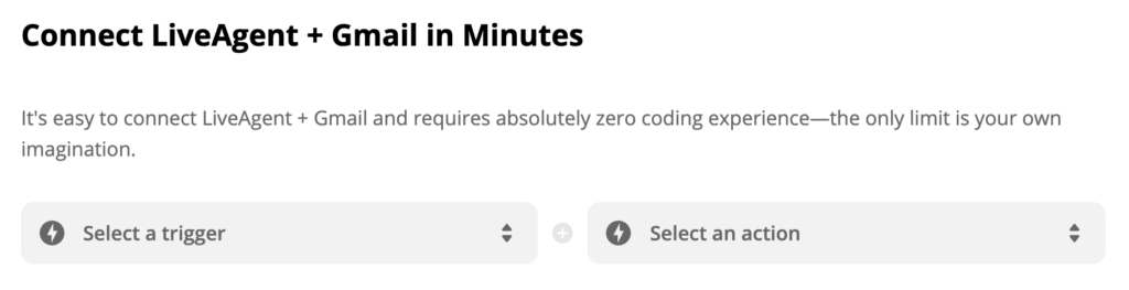 LiveAgent und Gmail-Auslöser- und Aktionsauswahl