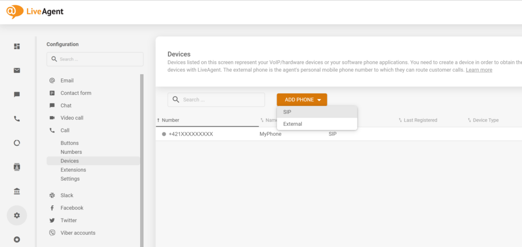 Ein Bild, das zeigt, wie Sie ein neues SIP-Telefon in der LiveAgent-Konfiguration hinzufügen
