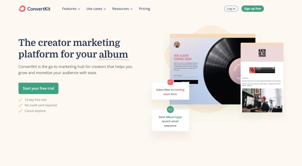 ConvertKit-Startseite, E-Mail-Managementsoftware für Gestalter