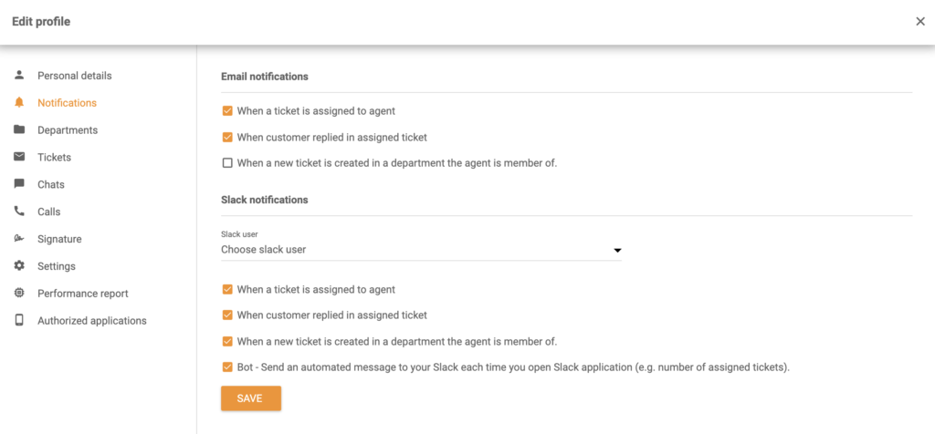 Die Optionen der Slack Benachrichtigungen im Bereich Profil bearbeiten