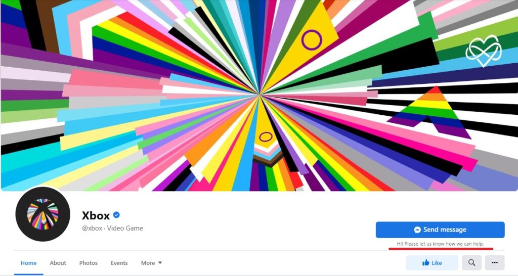 Example of welcome message on Facebook Messenger from Xbox: “Hi! Please let us know how we can help”