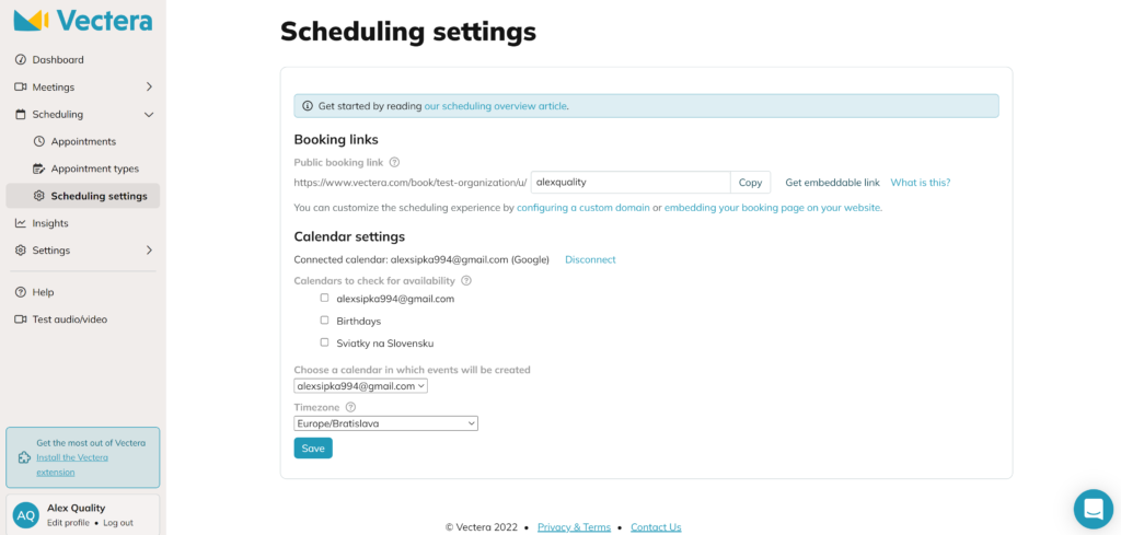 Ein Bild, das die Einstellungen von Vectera Scheduling Meetings mit der Option zeigt, einen einbettbaren Link zu erhalten
