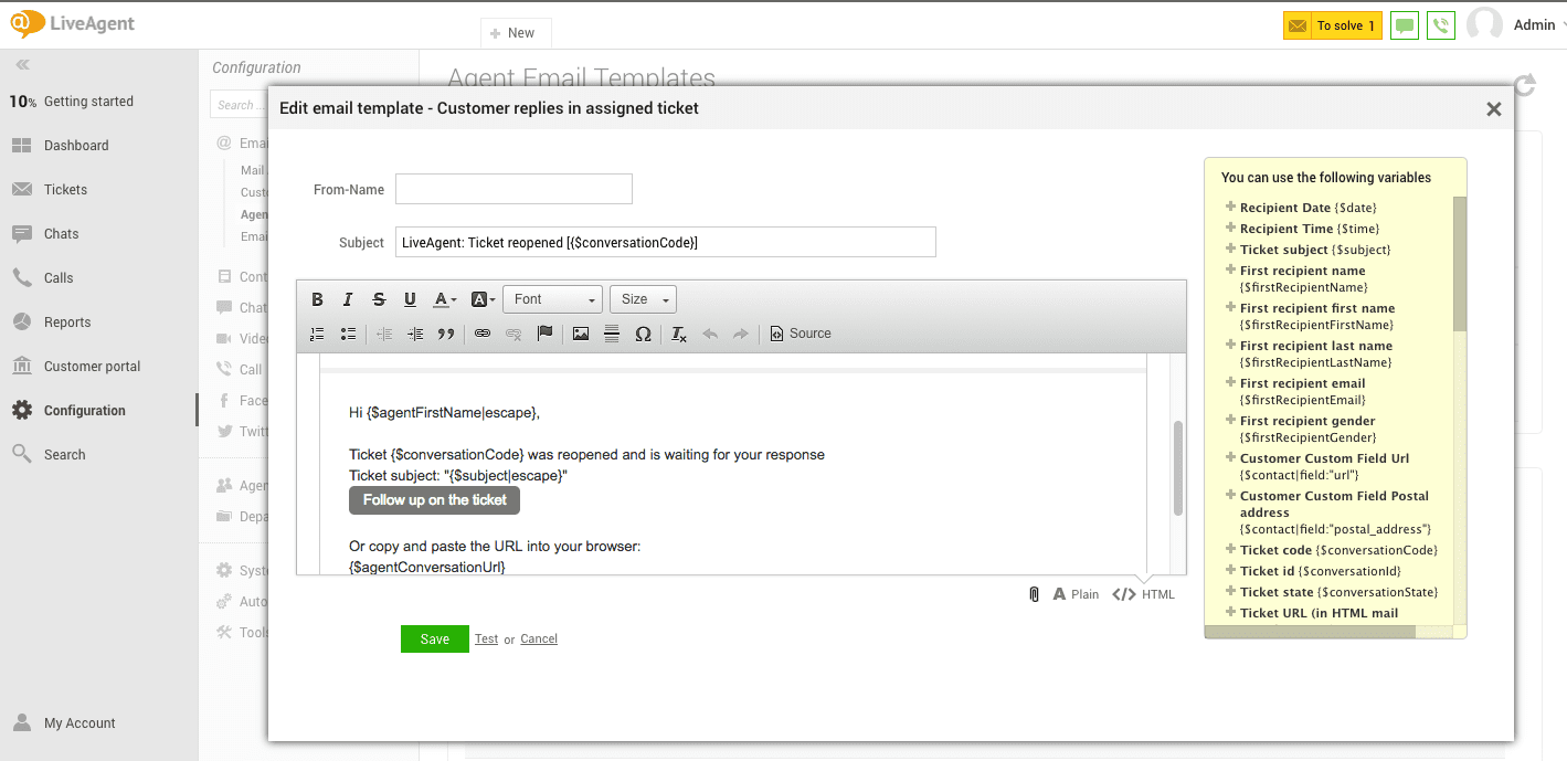 LiveAgent's agent reply template