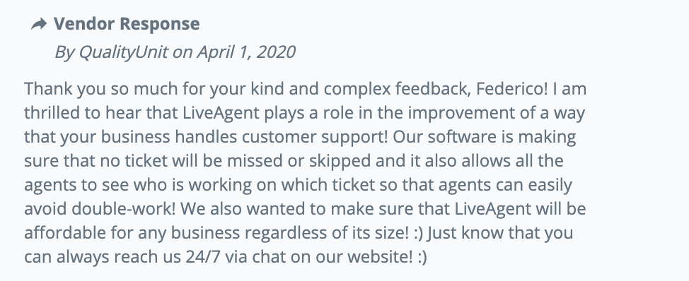 Capterra LiveAgents Kundenfeedbackantwort