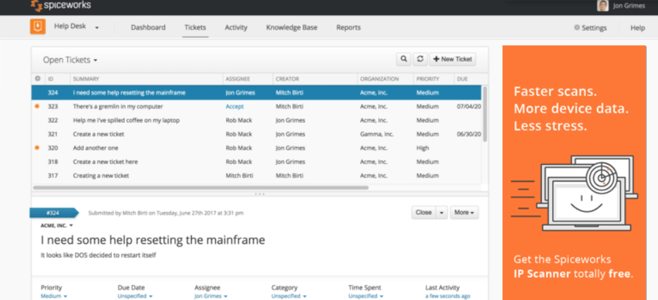Kostenloser Ticketingservice von Spiceworks