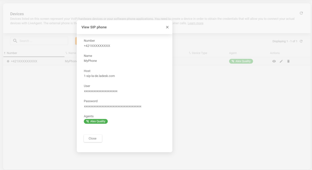 Ein Bild mit Details eines neu erstellten SIP-Telefons in der LiveAgent-Konfiguration
