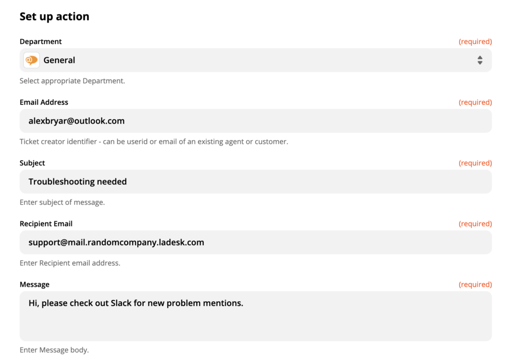 Demonstration einer LiveAgent-Handlungseinstellung auf Zapier