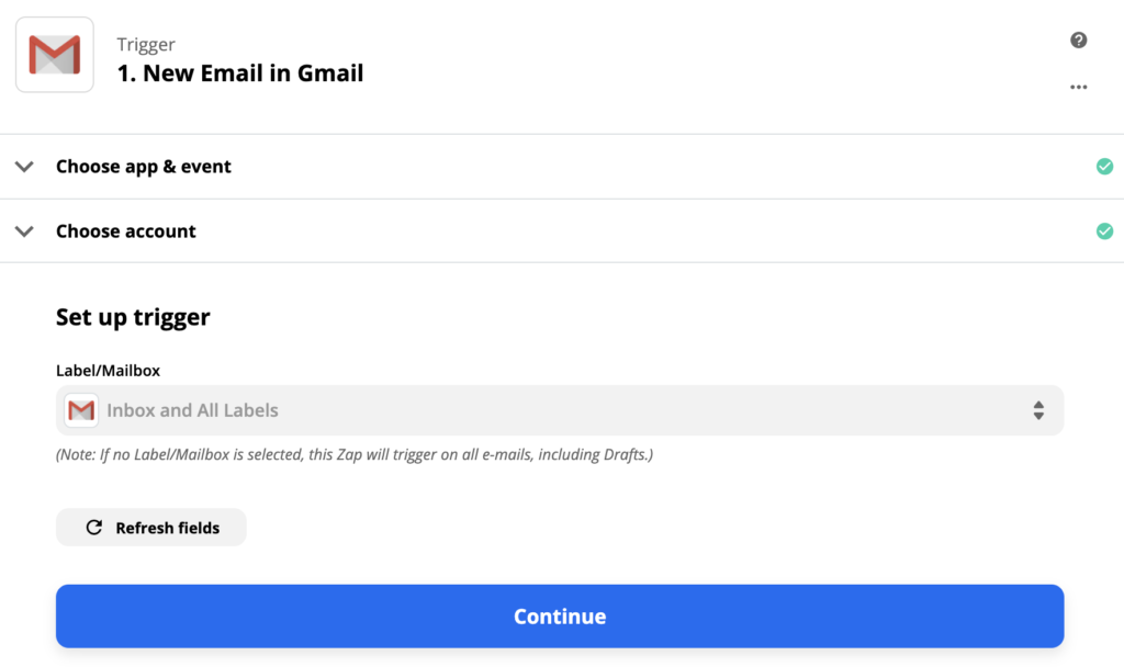 Gmail-Auslöserkonfiguration auf Zapier