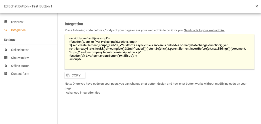 Ein Chat-Button-Code in LiveAgent generiert