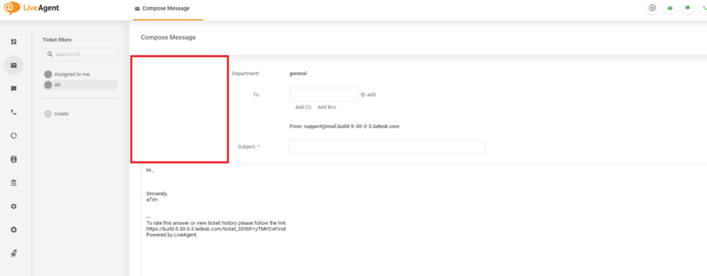 Ein Bild, dass den Designfehler auf dem Bildschirm "Nachricht erstellen" auf LiveAgent zeigt
