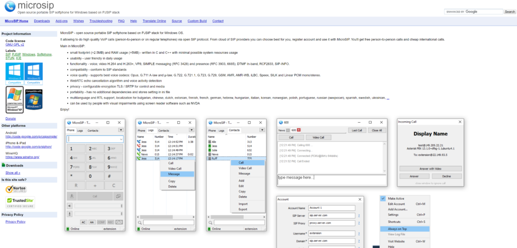 Ein Bild, das die MicroSIP-Homepage zeigt