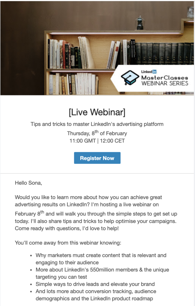 Vorschau einer E-Mail-Vorlage über ein LinkedIn-Webinar