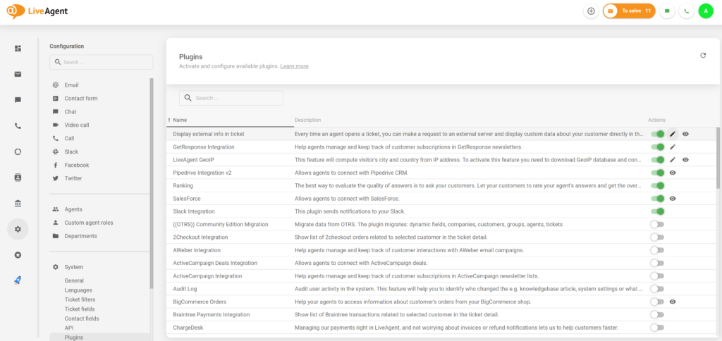 Ein Bild, das ein aktives externes Info-Plugin in der LiveAgent-Konfiguration anzeigt