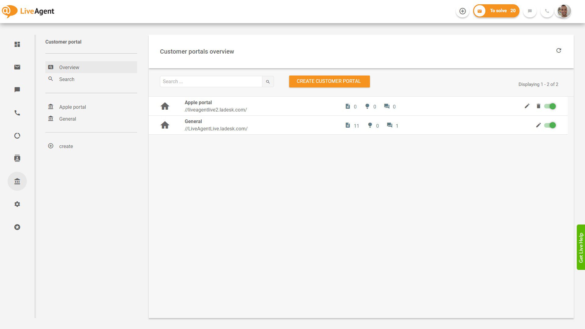 LiveAgent Tickets Übersicht innerhalb der Anwendung