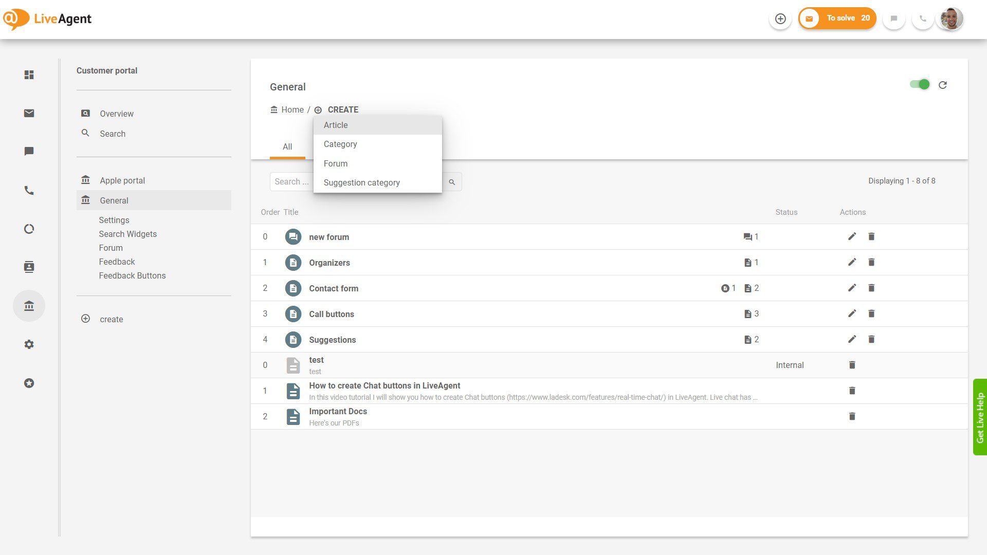 LiveAgent Tickets Übersicht innerhalb der Anwendung