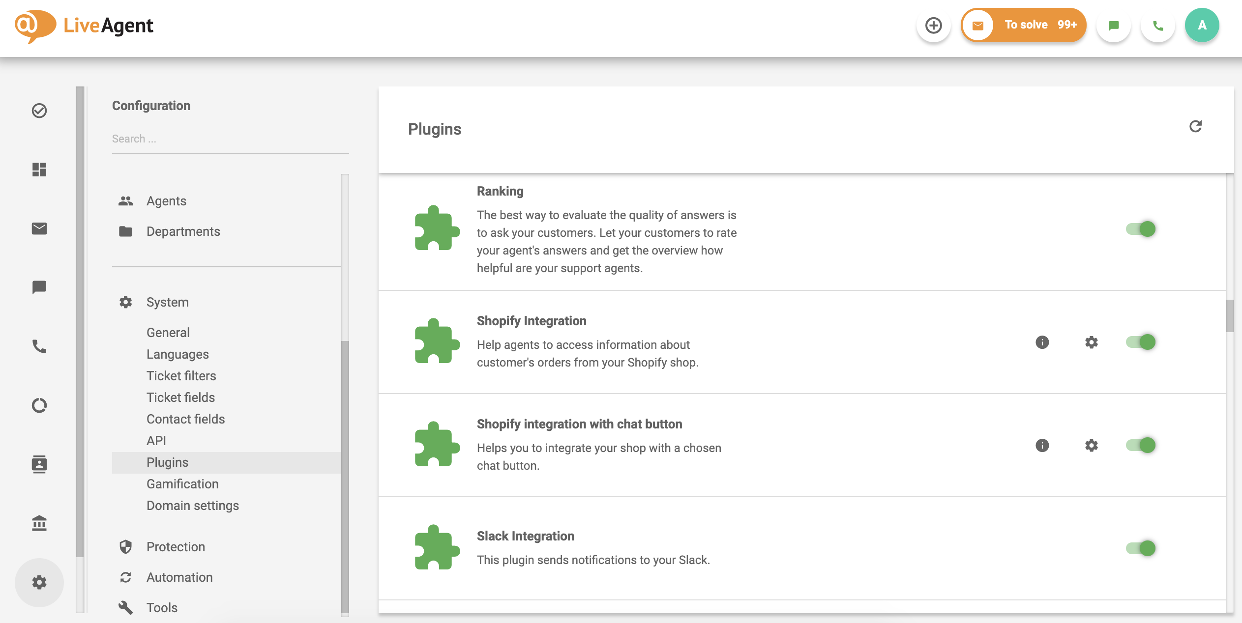 Liste der Plugins in der Kundenservice-Software LiveAgent