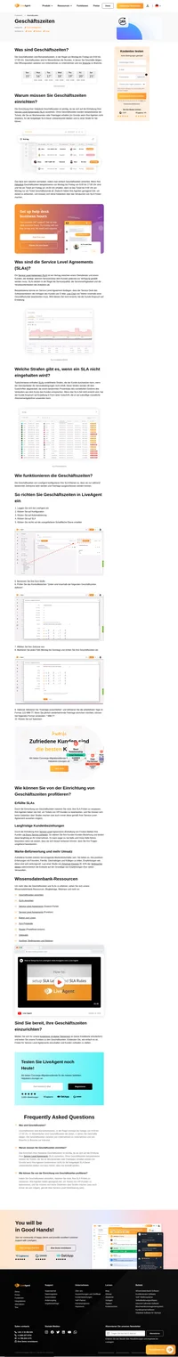 Die Geschäftszeiten von LiveAgent konfigurieren Ihre SLA-Ebenen so, dass sie nur während bestimmter Zeiträume aktiv werden und die Möglichkeit haben, Feiertage auszugrenzen. Lesen Sie mehr.