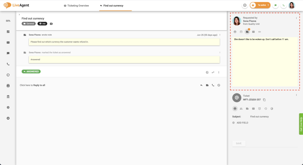 Notizen in Tickets - LiveAgent