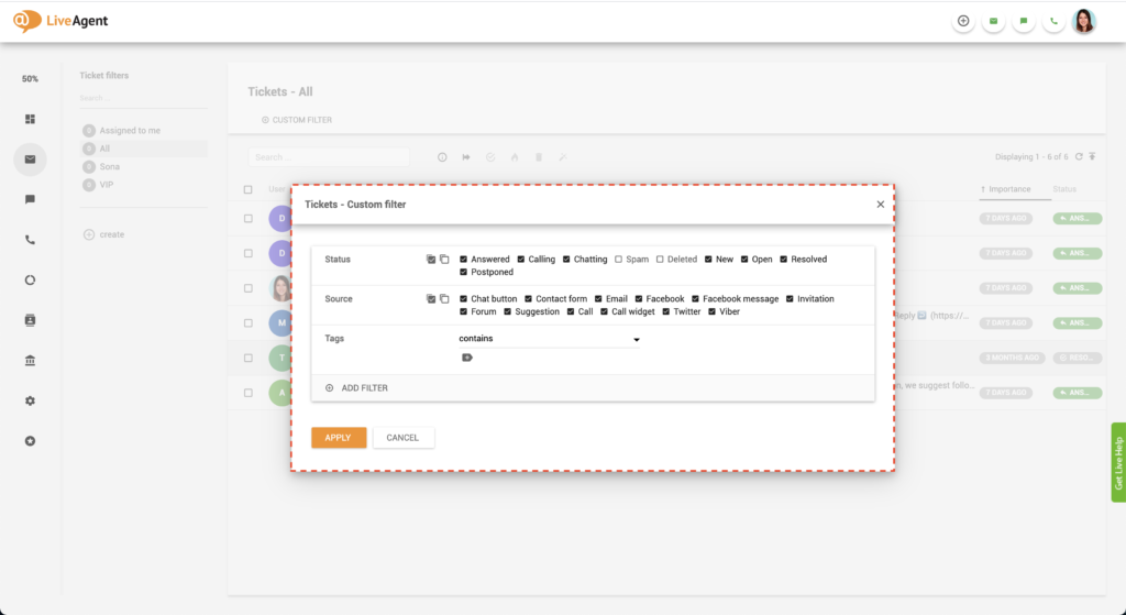 LiveAgent Filter wählen