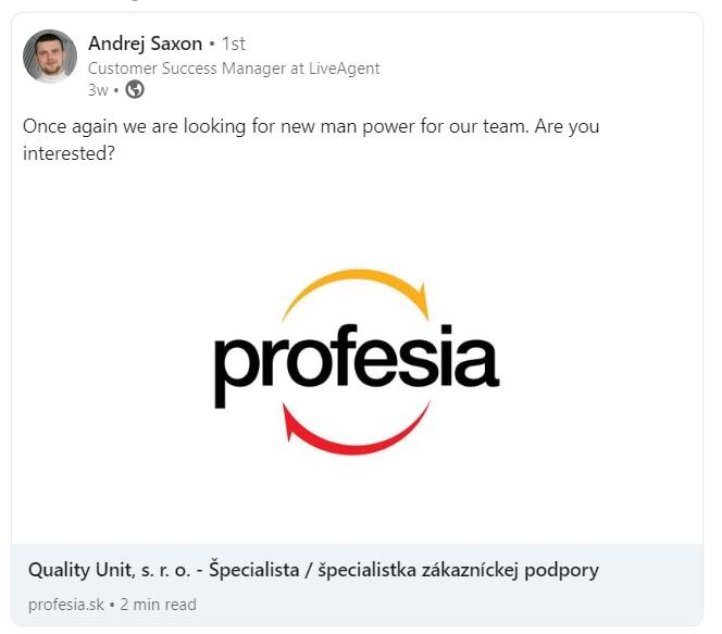 Quality Unit job offer on Linkedin