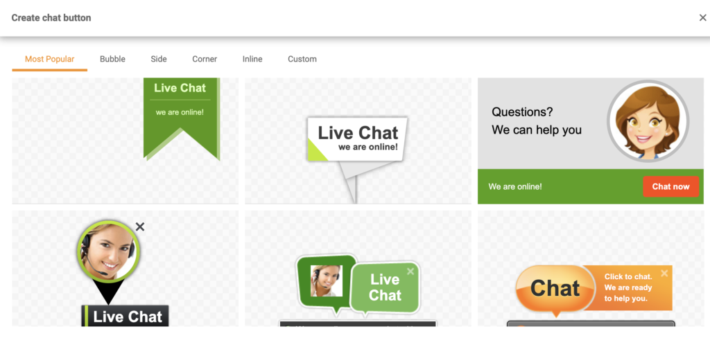 Auswahl von Chat-Buttons in der Chat-Button-Galerie von LiveAgent