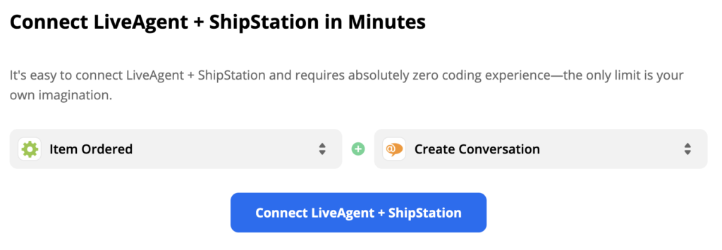 Ein ShipStation-Auslöser "Artikel bestellt" und eine LiveAgent-Aktion "Konversation erstellen" in Zapier-Integrationsauswahl